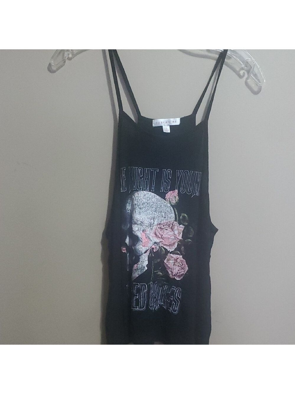 Rose Vine Black Graphic Tank Top with Pink Accents Size L